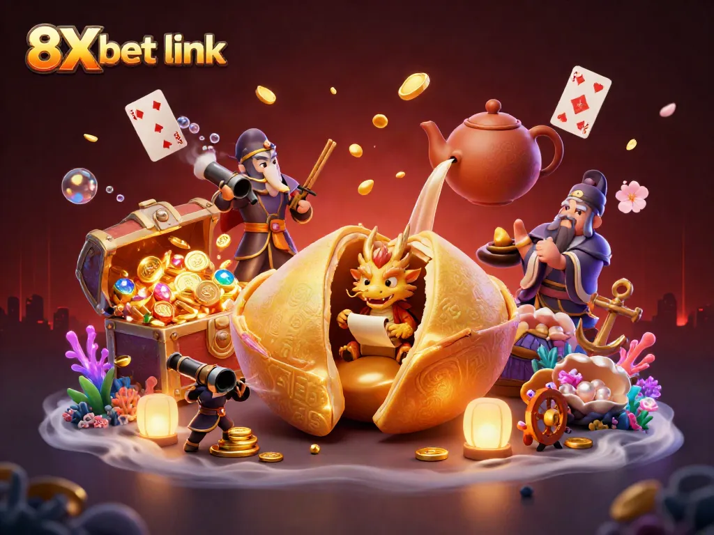 Engage with vibrant gaming action through the 8Xbet link; float in a rich scene of gold, dragons, and treasure.