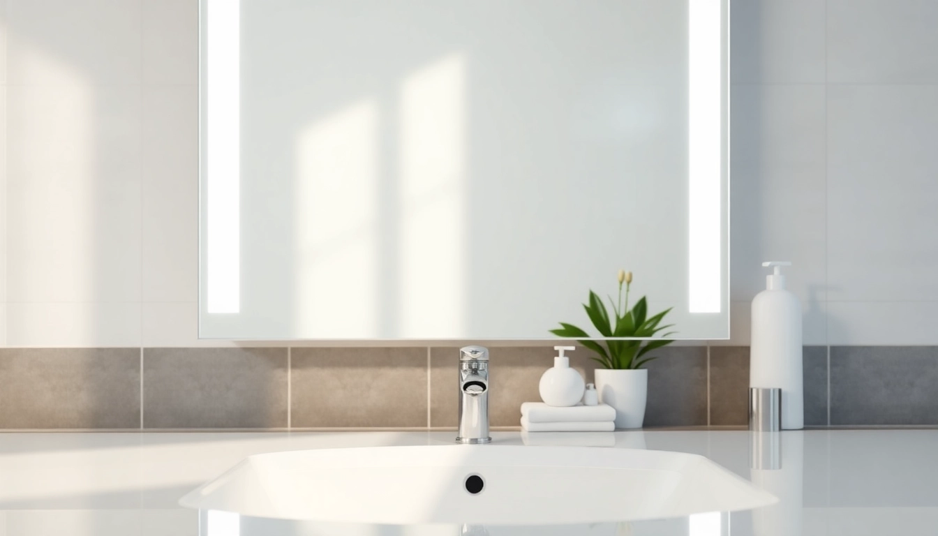 Enhance your space with this stylish mirror with Lights in a contemporary bathroom setting.