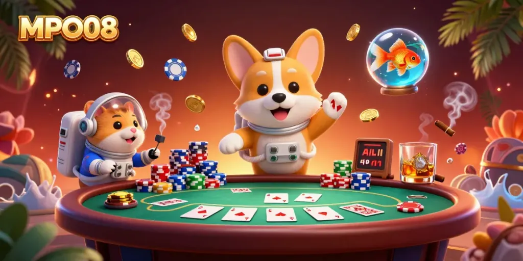 Engage in MPO08 casino fun with a floating corgi, hamster and goldfish in this vibrant space scene.