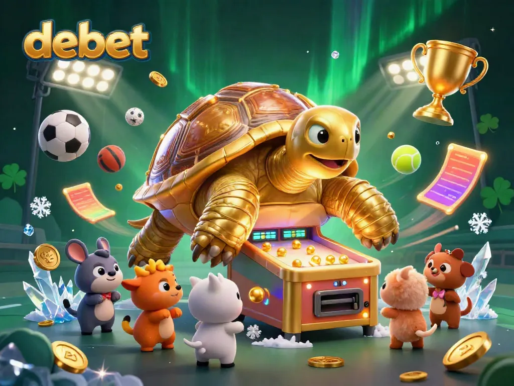 Experience debet's thrilling gaming scene with sports elements and a golden tortoise pinball machine.