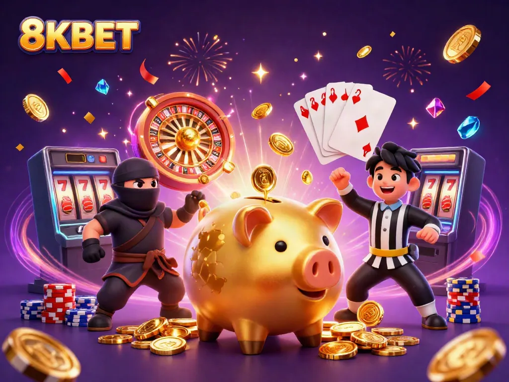 Engage with 8KBET's exciting gaming scene featuring a piggy bank sumo wrestler, wallet-ninja, and credit-card samurai.