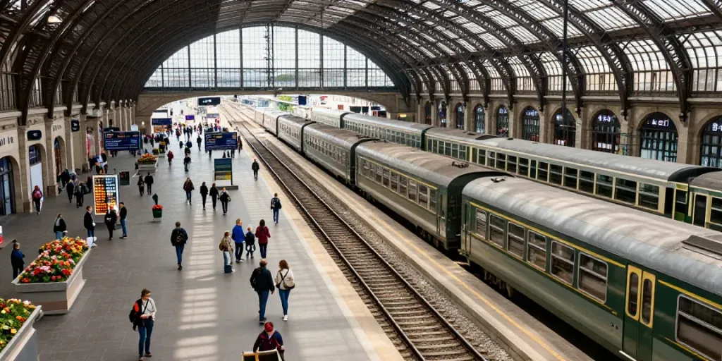Travel guide for train tickets in Europe amidst vibrant train station atmosphere, captivating tourism experience.