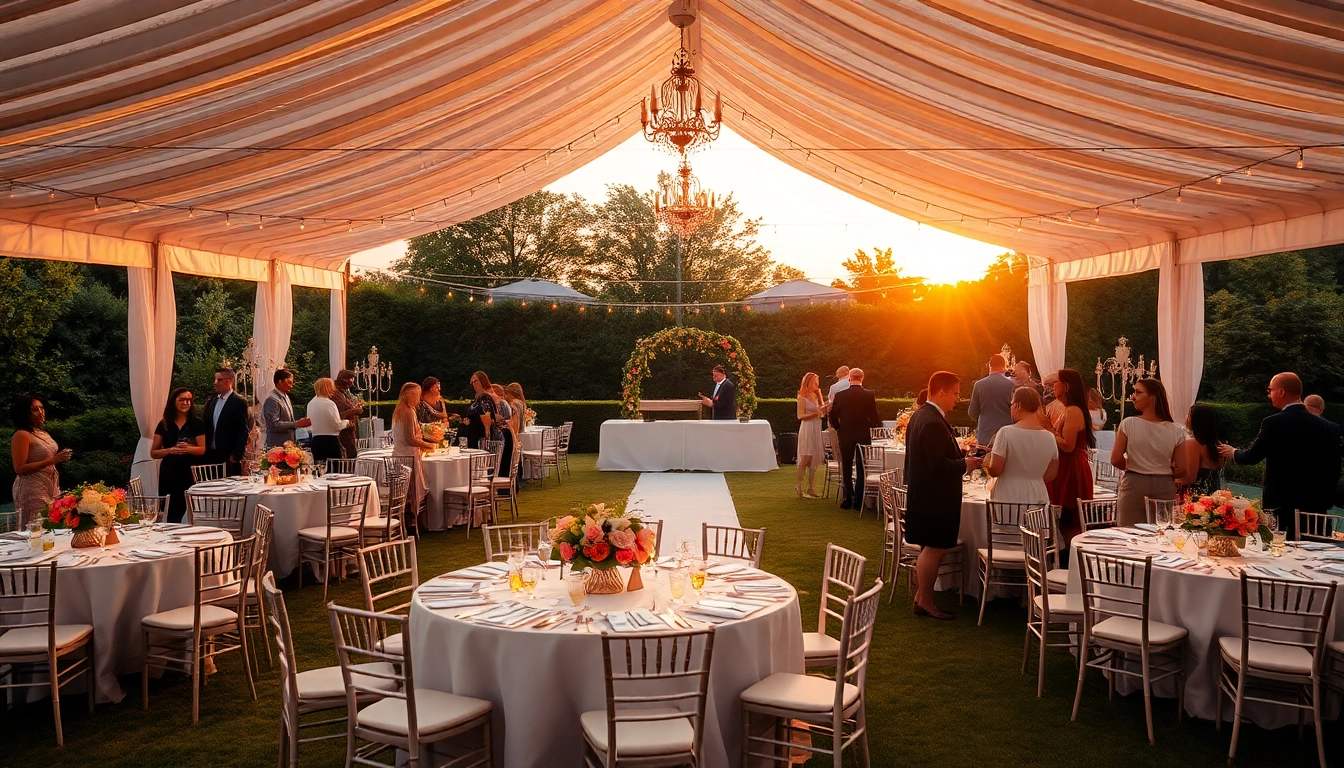 Beautiful setup of Wedding Tent Chair & Table Rentals with floral arrangements under evening lights.