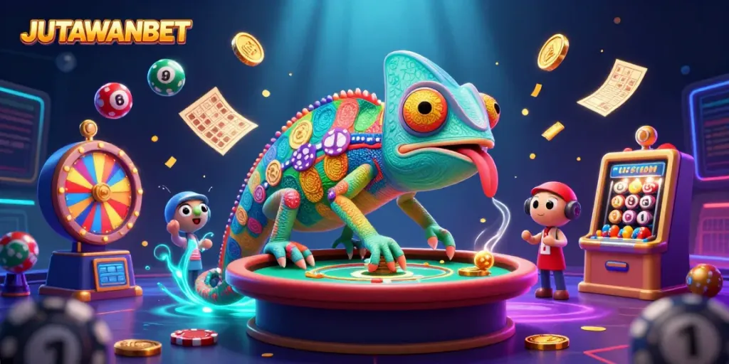 Experience the thrill of winning with JUTAWANBET's vibrant gaming illustration, featuring a colorful casino scene.