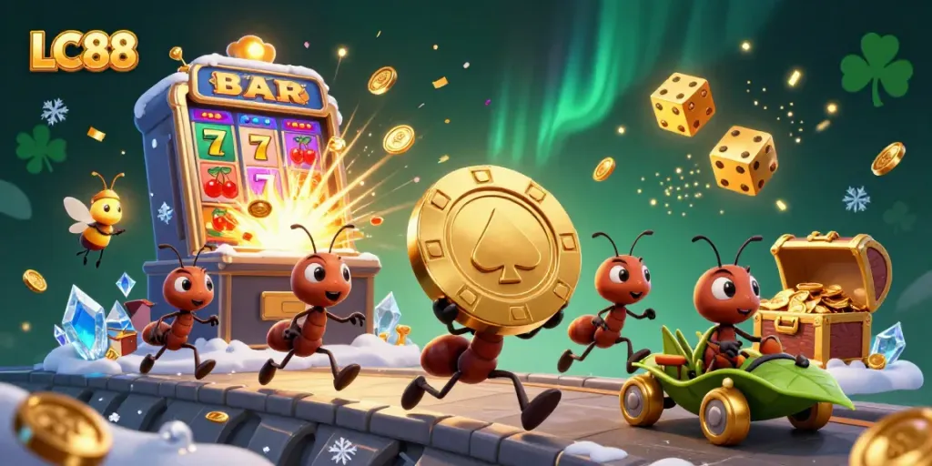 LC88 ants heist with massive poker chip and vibrant casino elements bursting with energy.