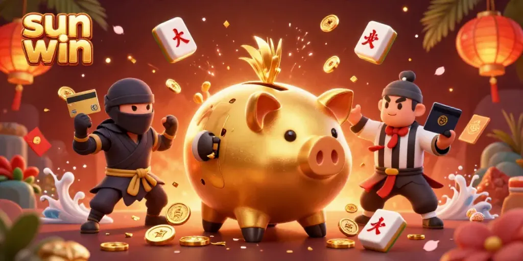 Experience sun win with a dynamic 3D illustration of gaming excitement featuring vibrant characters and casino elements.