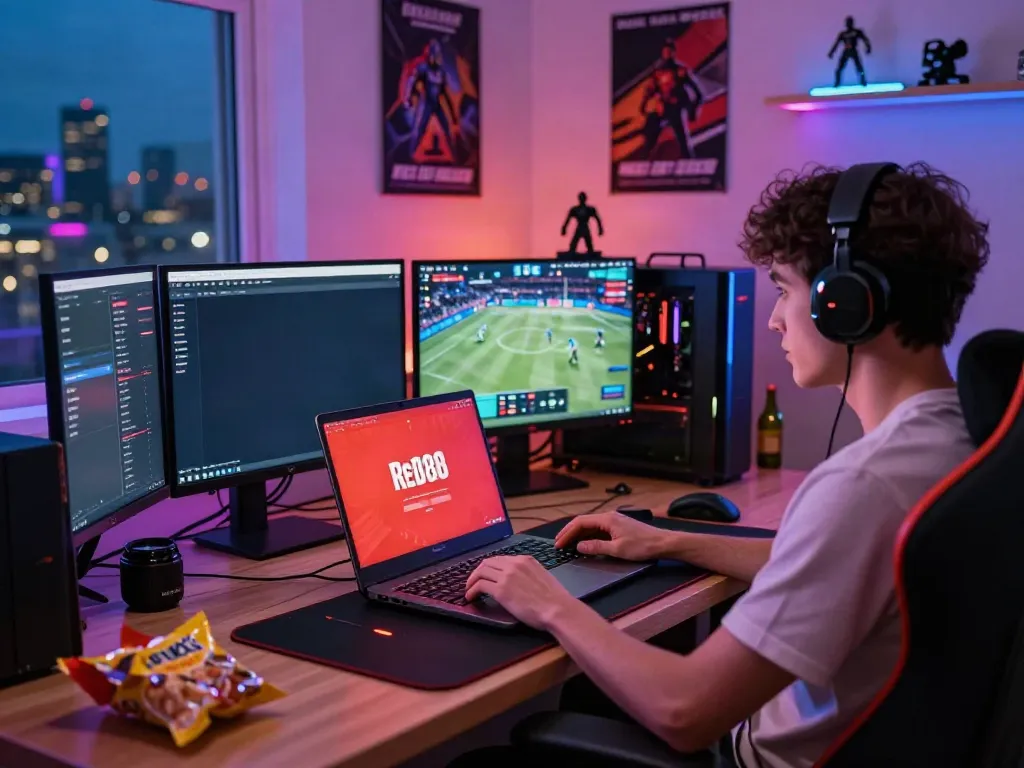 Engaging gaming atmosphere with a user exploring the red88 platform on a laptop amidst gaming peripherals and a cozy setup.