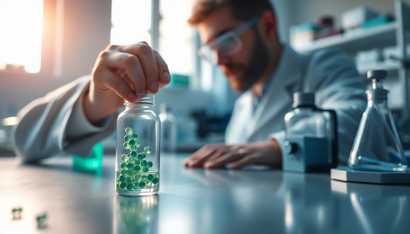 Analyzing Peptides in a professional lab setting with scientific equipment and soft natural light.