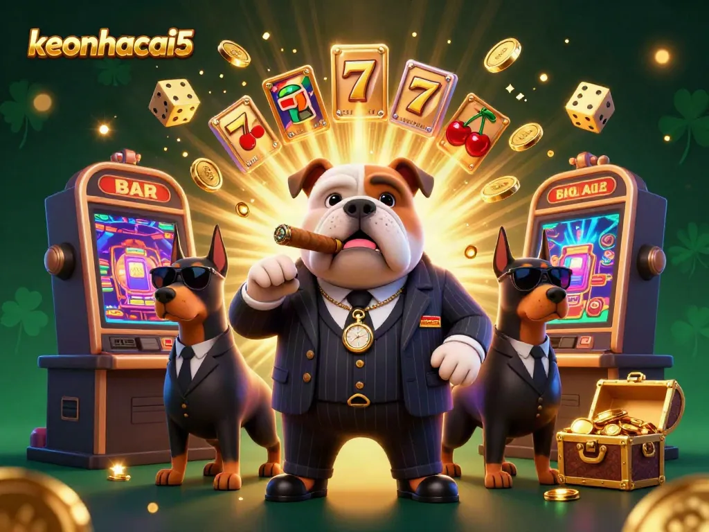 Engaging scene depicting keonhacai5 with a mafia bulldog and Doberman bodyguards amid a casino jackpot explosion.