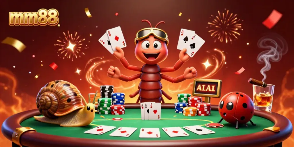 mm88 showcases a vibrant casino scene with a multicolored high-stakes poker table, dealer, and players.