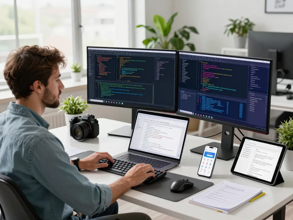 谷歌浏览器 features in a tech workspace with dual monitors displaying coding, a laptop, and plants for a productive atmosphere.
