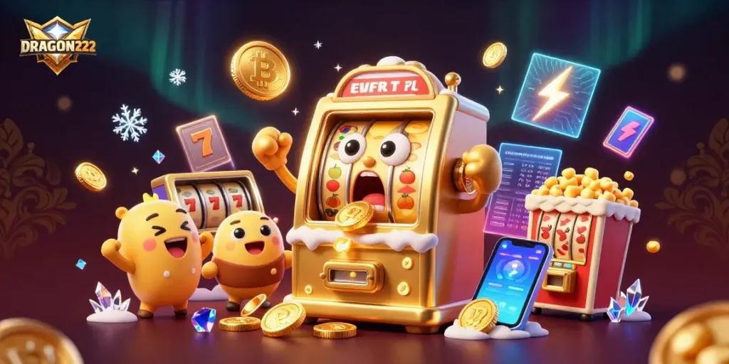 DRAGON222 memicu jackpot dalam permainan mesin slot dengan koin emas berhamburan.