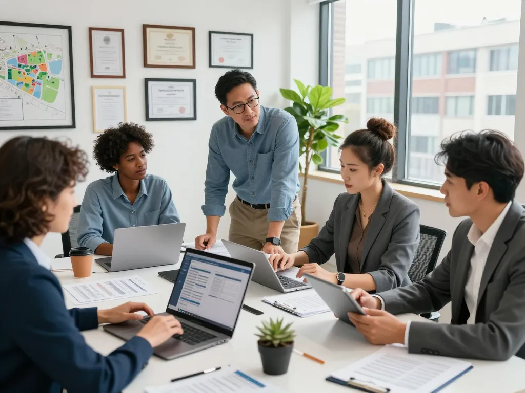 Équipe de gestion immobilière engagée discutant de la gestion de propriétés dans un bureau lumineux.
