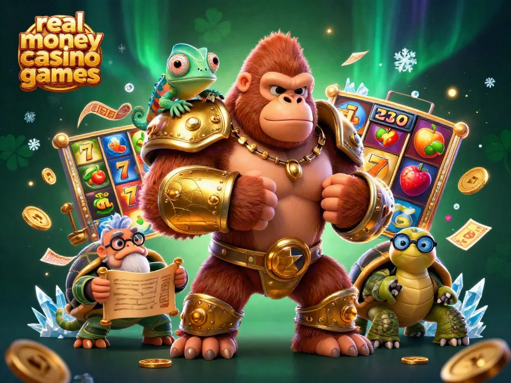 Experience thrilling real money casino games with a powerful gorilla king and his companions in this vibrant 3D illustration.