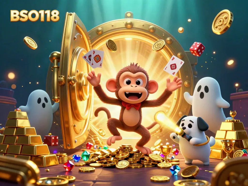 Experience the thrills of BSO118 with lively gaming elements, juggling coins in a vibrant casino.