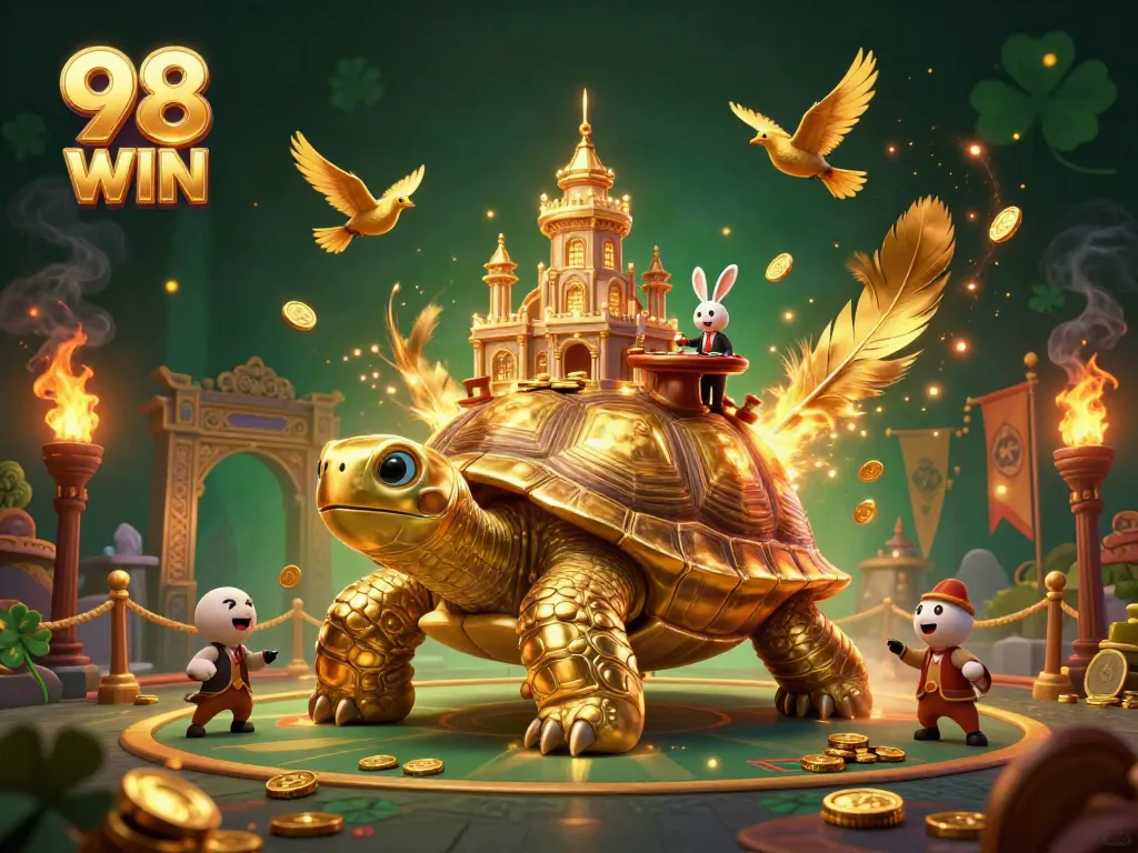 Experience thrilling wins at 98 WIN casino with a golden tortoise casino scene featuring a rabbit dealer.