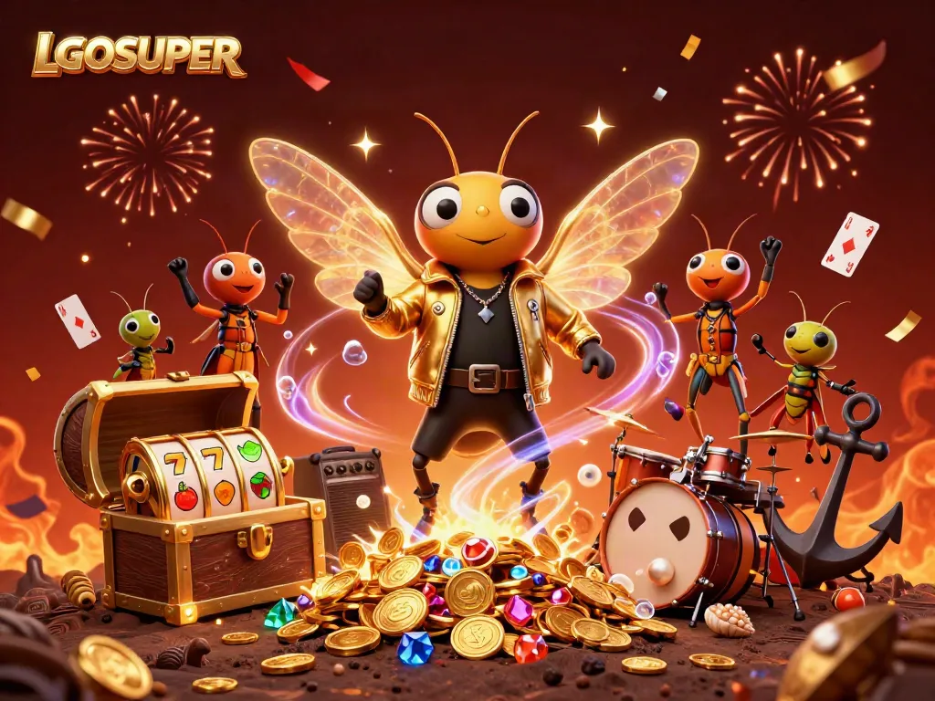 Experience the excitement of LGOSUPER with a vibrant 3D casino-themed illustration featuring dynamic characters and gambling elements.