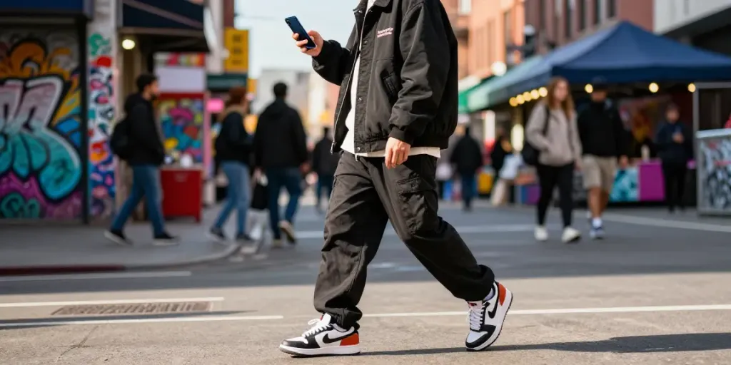 Stylish individual in trendy streetwear representing Celebritygiant in a vibrant city setting
