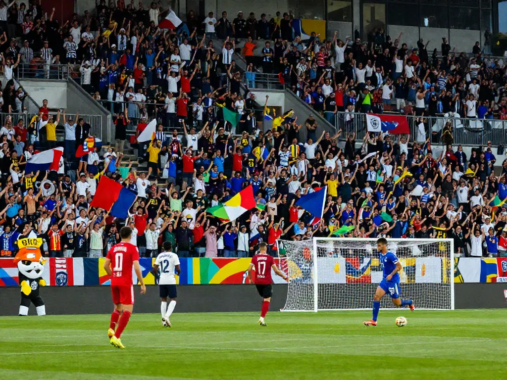 Exciting football match at https://cakhiatv.team/ with passionate fans cheering for their teams in a vibrant stadium.