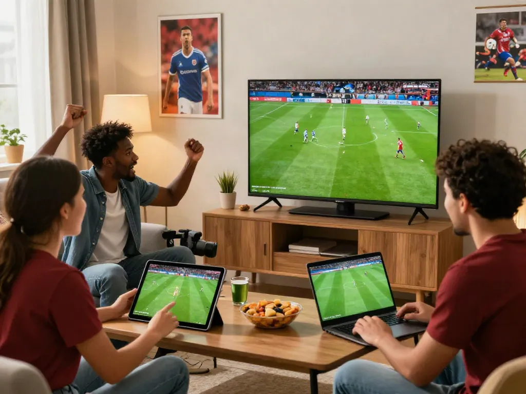 Fans enjoying live football streaming on https://thapcamtvlive.live/ in a lively living room.