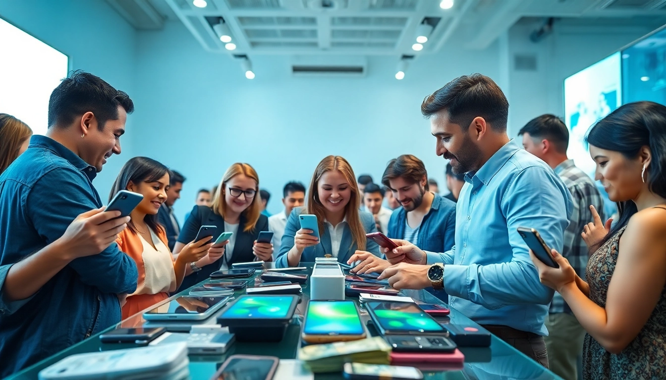 Exchange of smartphones for instant cash for phones at a vibrant storefront.