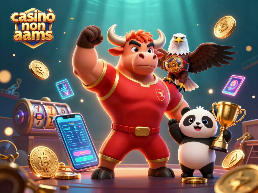 Scopri i casinò non AAMS con la mascotte 3D toro e simboli di vincita scintillanti.