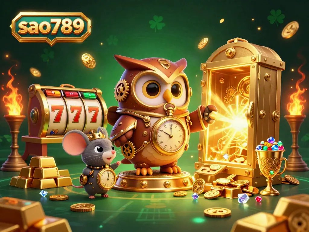 Sao789 casino scene featuring a time-traveling owl and gold treasures, dynamic slot reels and vibrant lights.