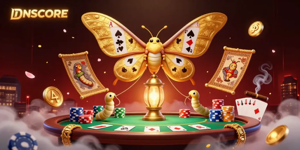 IDNSCORE showcases a vibrant casino scene with a cartoon moth and poker elements, inviting players to engage.