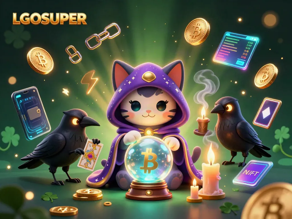 Engage with LGOSUPER's mystical casino adventure featuring a fortune teller cat and tarot raven in a vibrant scene.