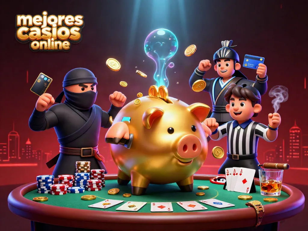Explora los mejores casinos online mientras un luchador de sumo y un ninja se enfrentan sobre una mesa de póker.