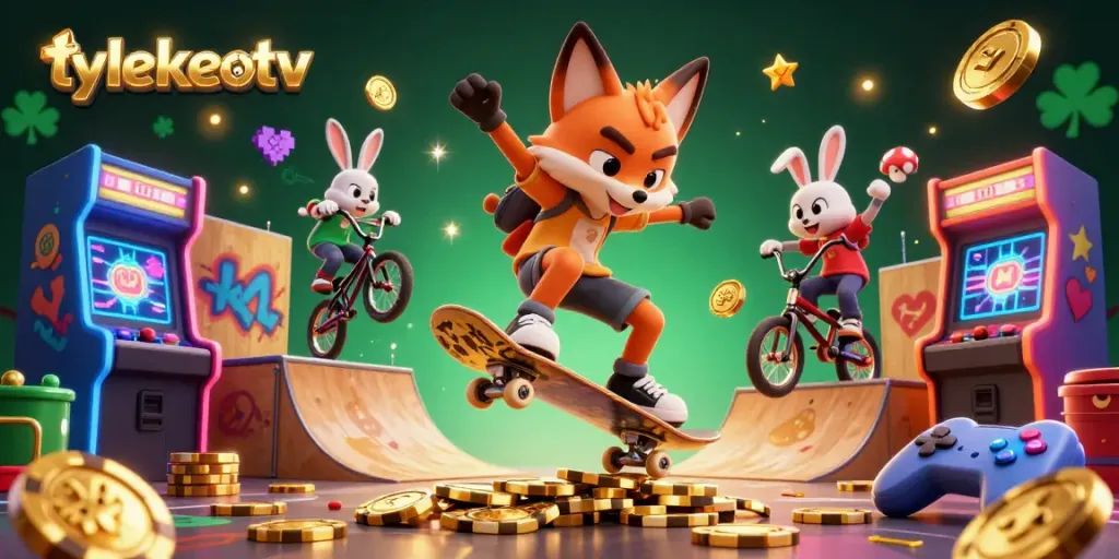 Engage with tylekeotv as a skateboarder fox performs tricks above golden poker chips in a vibrant casino world.