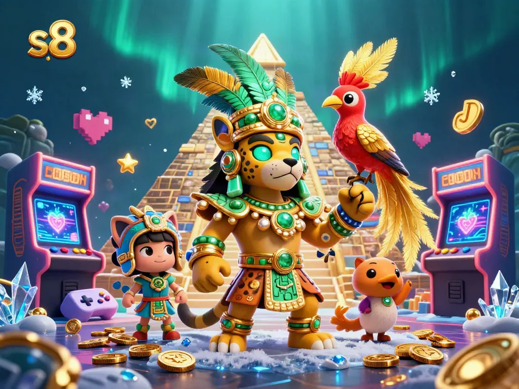 S8 casino scene featuring a Mayan jaguar priest and a quetzal bird amid thrilling slot reels, gold coins, and vibrant gaming elements.