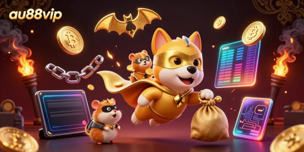 Join the action at au88vip with a superhero dog and hamster flying through a vibrant casino world.