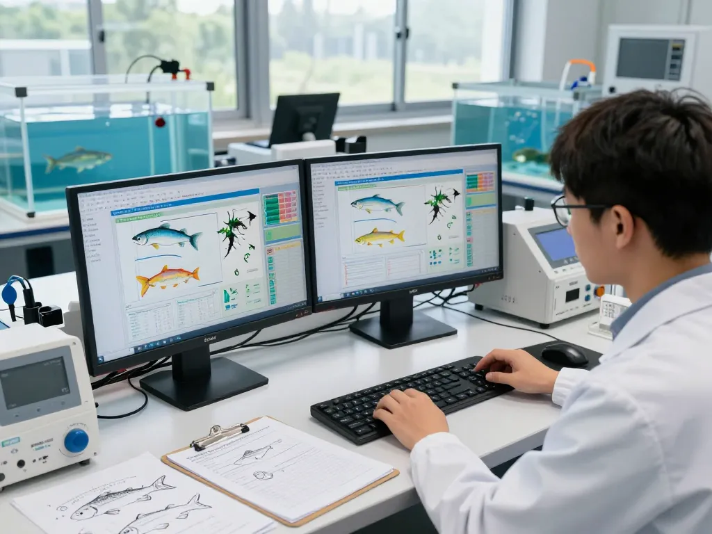 Researcher analyzing HBET data in a bright lab focusing on ecological impacts of fish passage in hydropower.