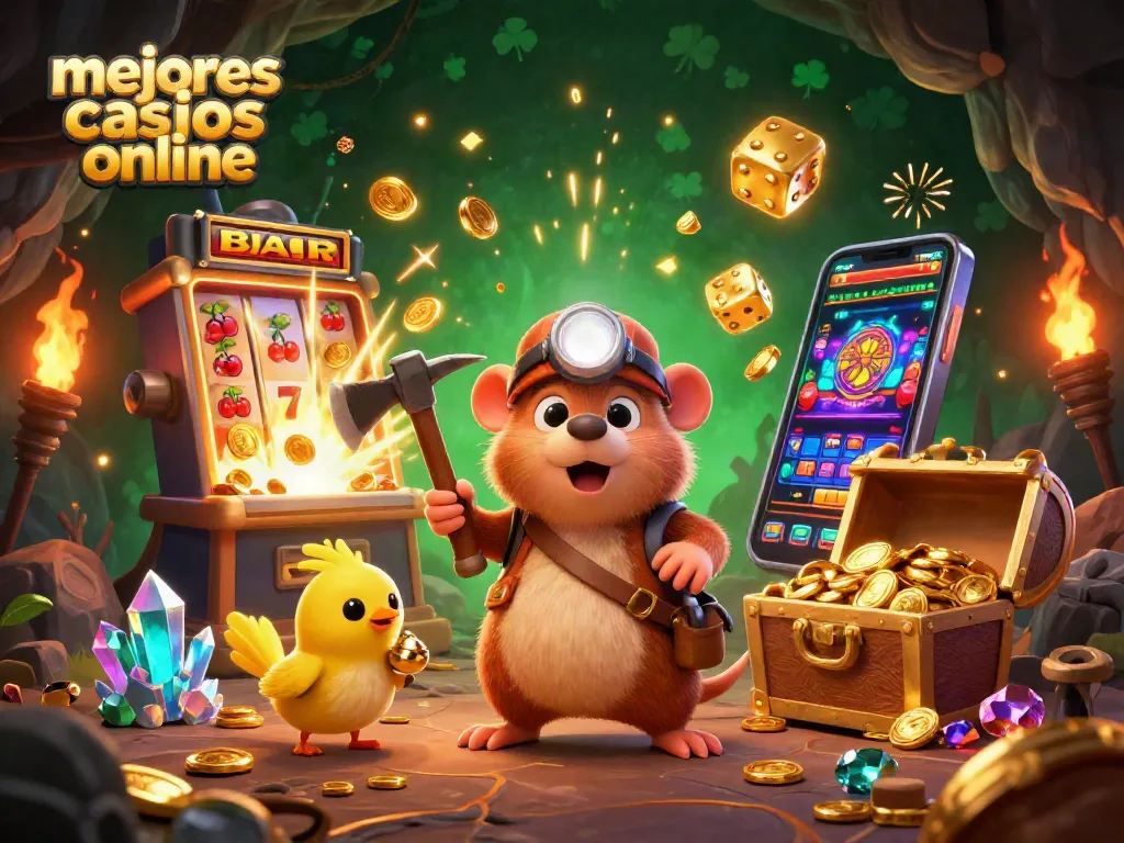 Explora los mejores casinos online con un ilustrativo cazador de tesoros en un mundo de oro y tragamonedas.