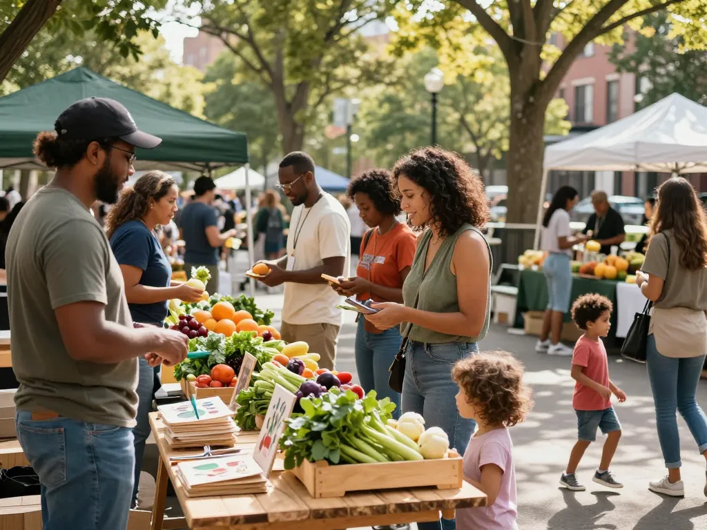 Community gathering at a local farmers' market showcasing fresh produce and crafts.