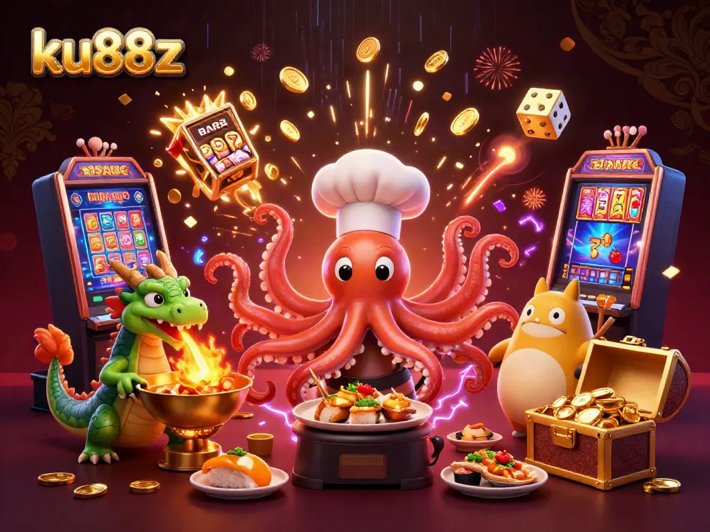 Join the fun at ku88z with an energetic 3D casino scene featuring an octopus chef and gaming action.