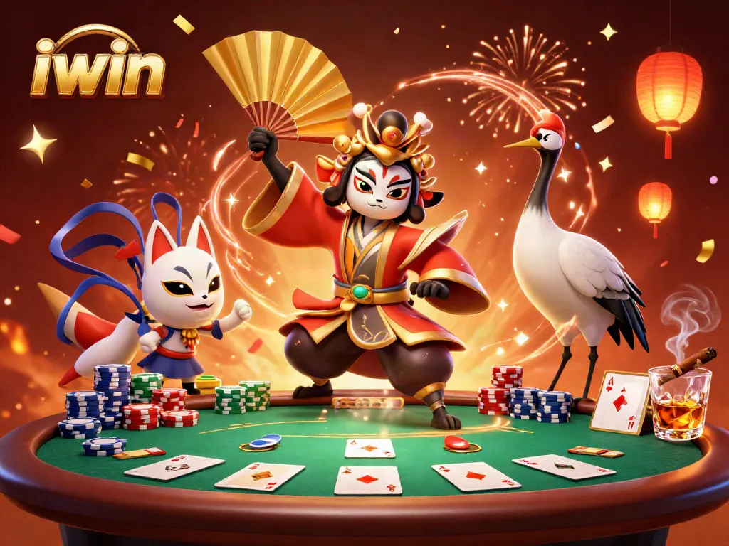 iwin players engaging in a dynamic poker scene with vibrant characters and festive elements
