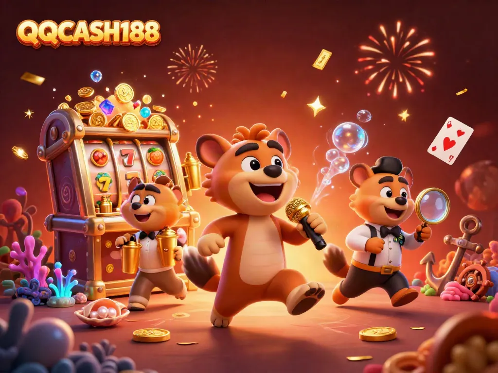 Experience gaming at QQCASH188 with vibrant casino characters, floating slot symbols, and festive energy in a dynamic scene.