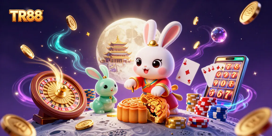 Experience TR88's vibrant online casino atmosphere with cartoon moon rabbits, poker chips, and slot reels.