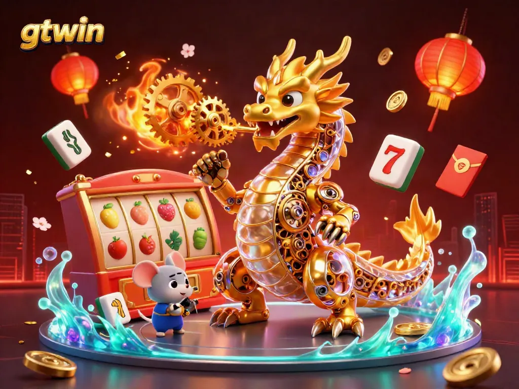 Experience the lively gtwin casino scene with a golden dragon breathing gears and surrounded by vibrant game elements.