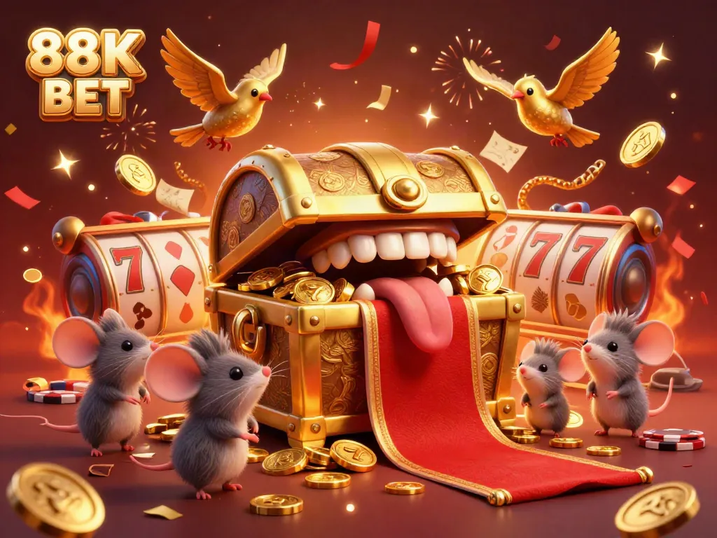 Engage with 88K BET through an enchanting 3D casino scene featuring golden treasures and dynamic gaming symbols.
