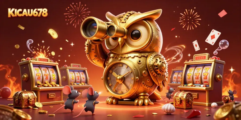 KICAU678 presents a vibrant casino scene with a golden owl and wind-up mice celebrating wins among slot machines.