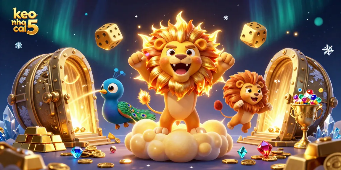 Engage with keo nha cai 5's vibrant world of betting, featuring majestic golden lion, dynamic gambling elements, and luxurious treasures.