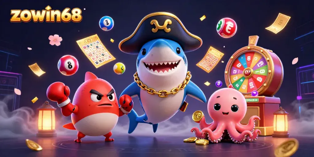 Engage with zowin68's vibrant gaming scene featuring a pirate shark, pufferfish, and octopus amidst energetic lottery elements.