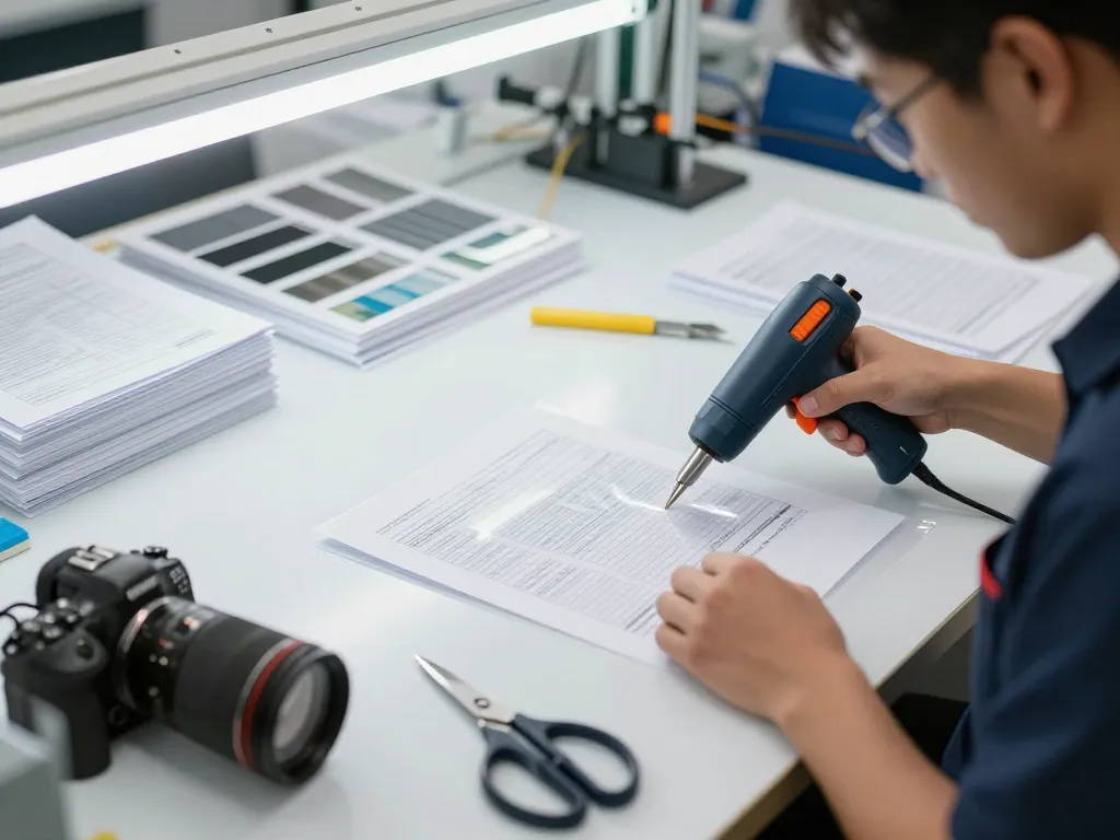 Bóc ép plastic process displayed with technician delicately removing plastic from documents in a modern workshop.