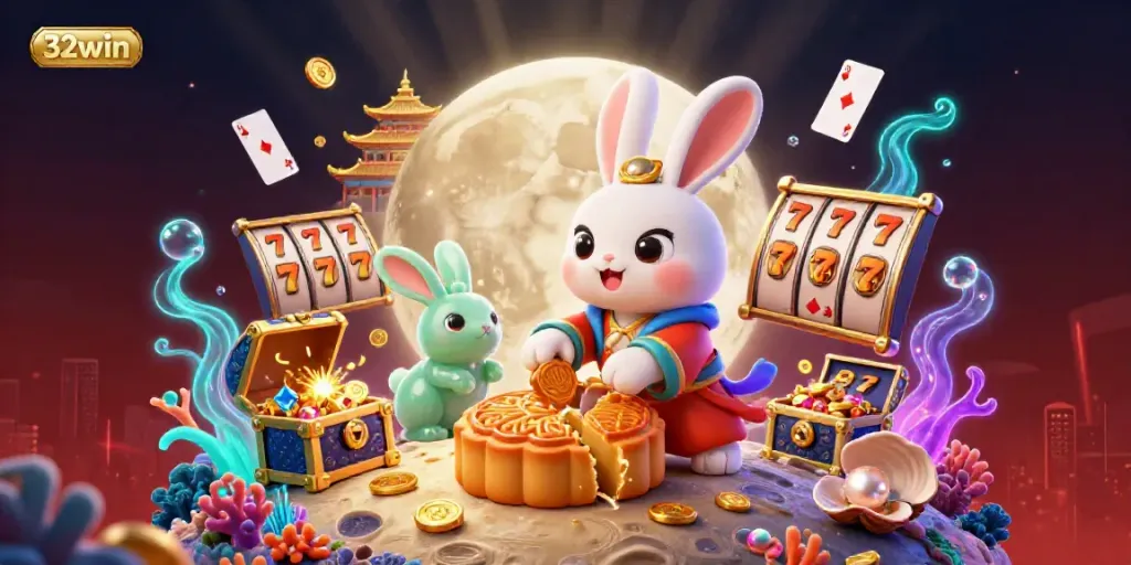 Engage in winning strategies with the 32win casino scene featuring a moon rabbit and poker chips.