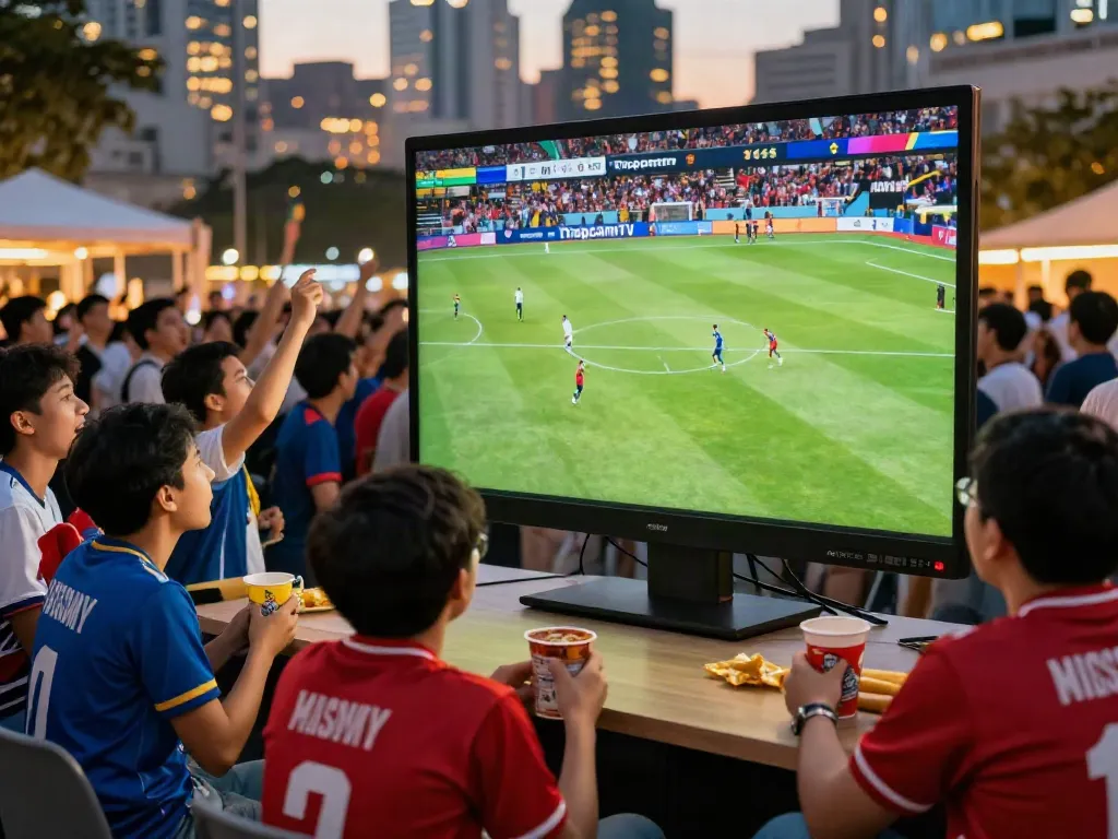 Fans enjoying a live football match from https://thapcamtv.ac/ in an urban setting, capturing community spirit.