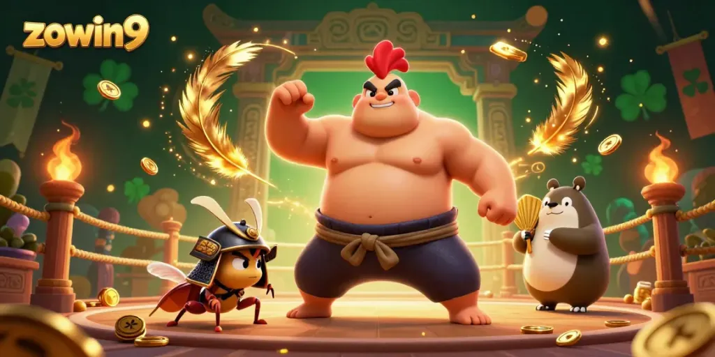 Experience dynamic gaming action with zowin9 featuring a powerful sumo rooster and fierce samurai cricket.