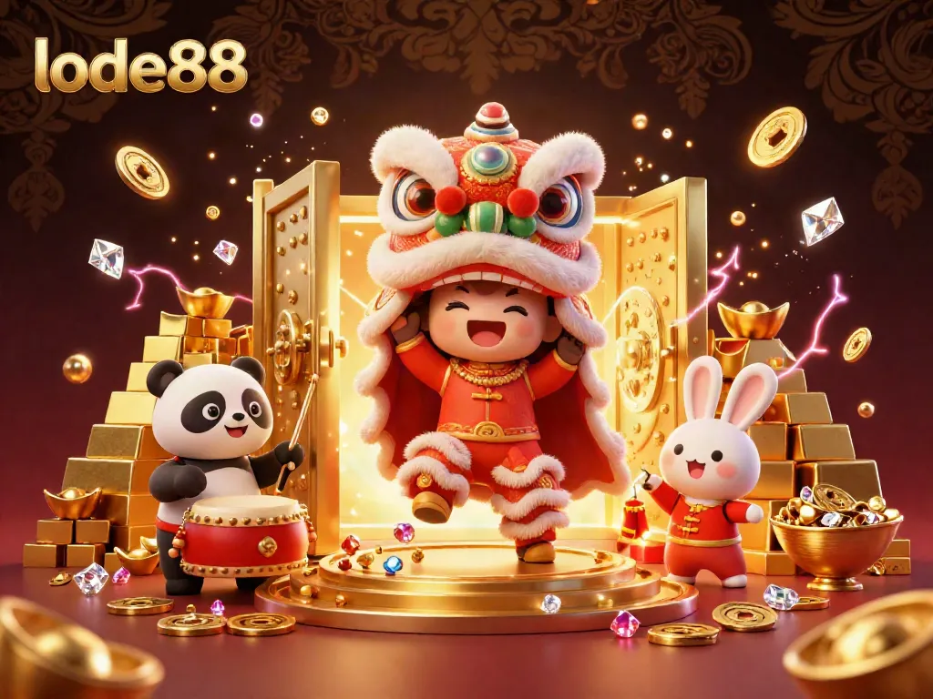 Experience thrilling lode88 gaming with colorful lion dance characters celebrating amidst treasure and vibrant casino elements.